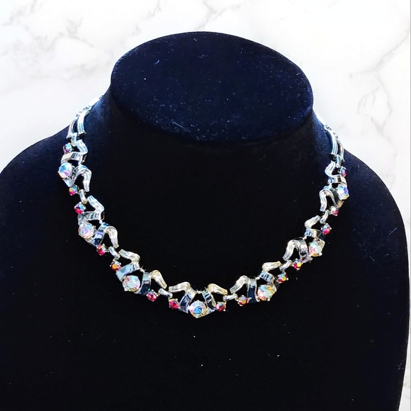 Vintage 60s Aurora Rhinestone Silvertone Link Choker Necklace - Picture 2 of 7